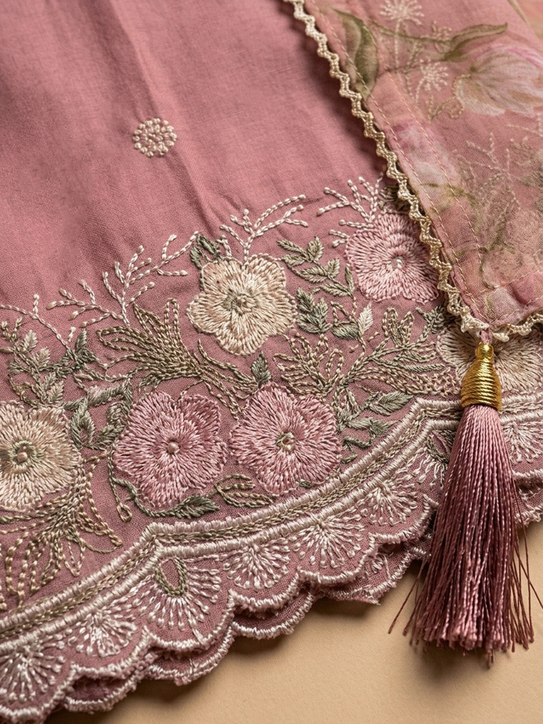 Onion Pink Embroidered Chanderi Unstitched Suit &amp; Pant With Chanderi Dupatta