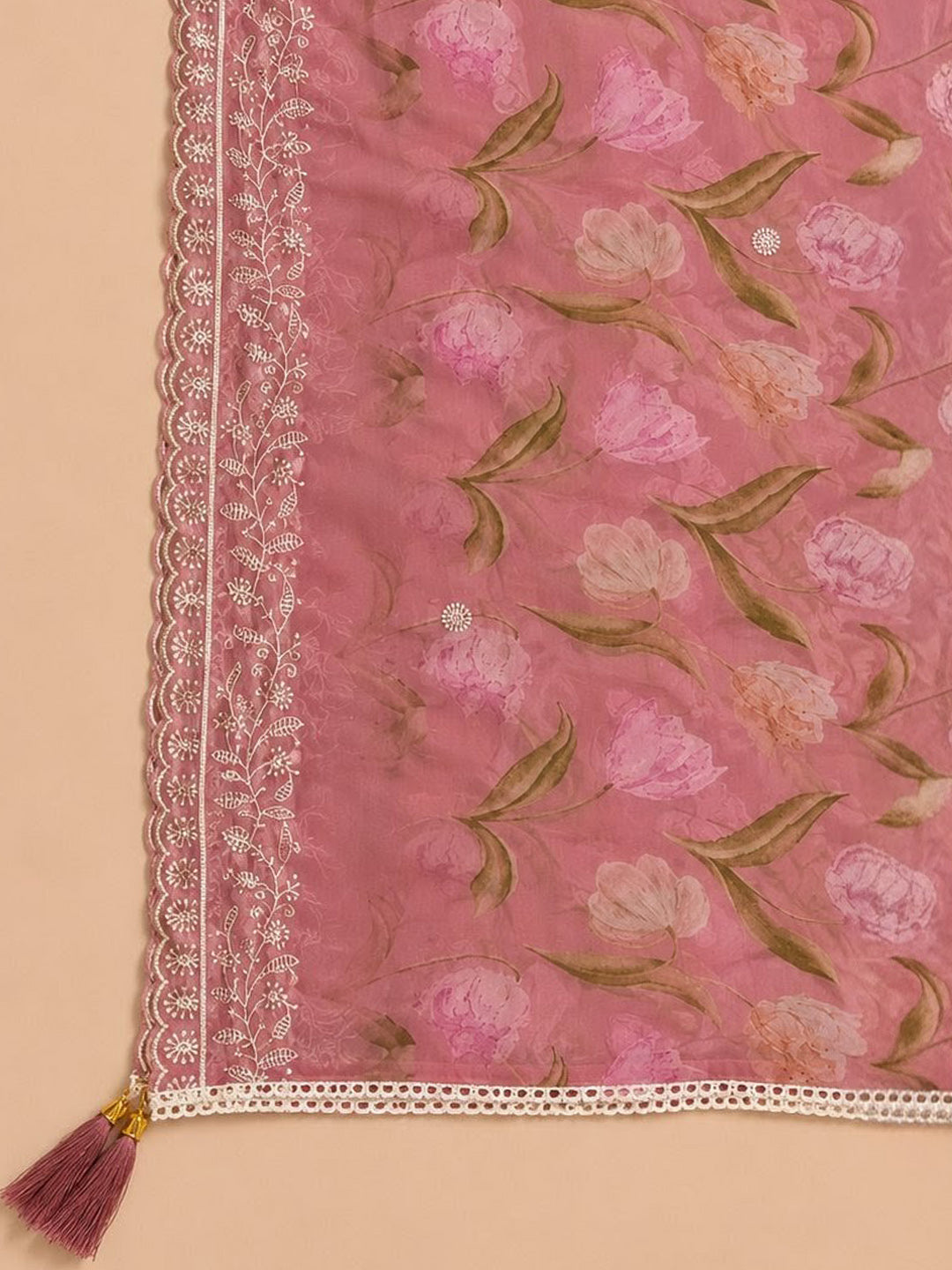 Onion Pink Embroidered Chanderi Unstitched Suit &amp; Pant With Chanderi Dupatta