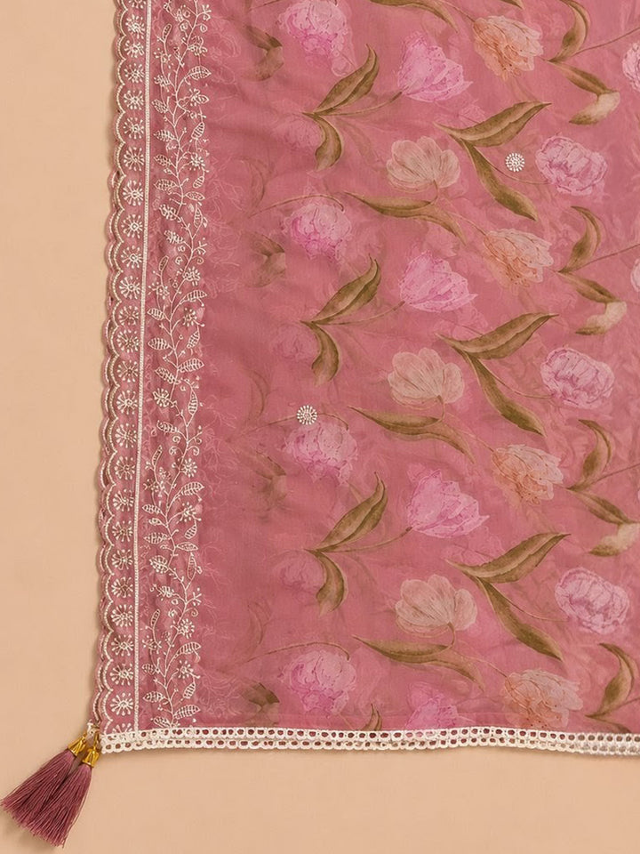 Onion Pink Embroidered Chanderi Unstitched Suit &amp; Pant With Chanderi Dupatta