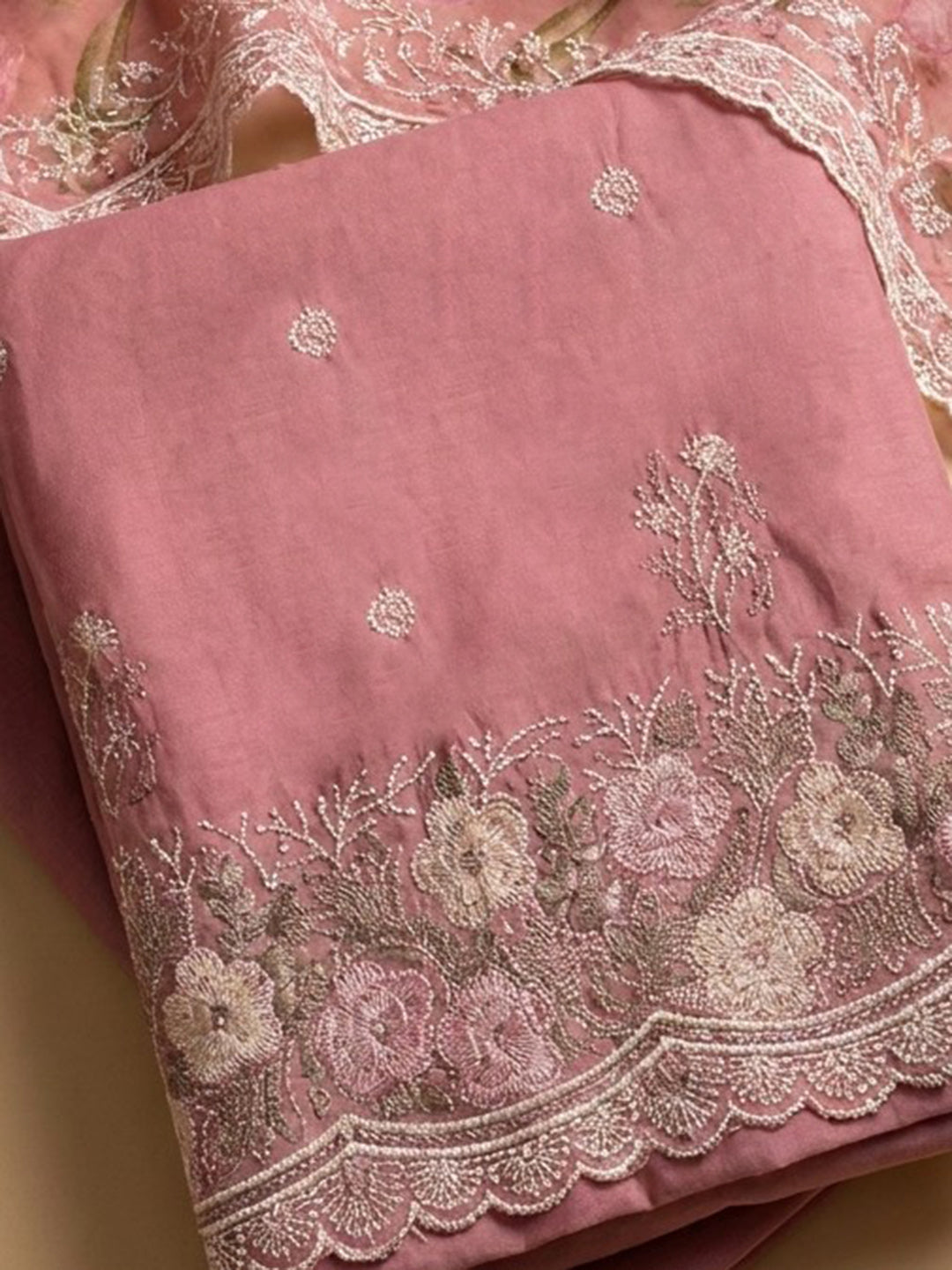 Onion Pink Embroidered Chanderi Unstitched Suit &amp; Pant With Chanderi Dupatta