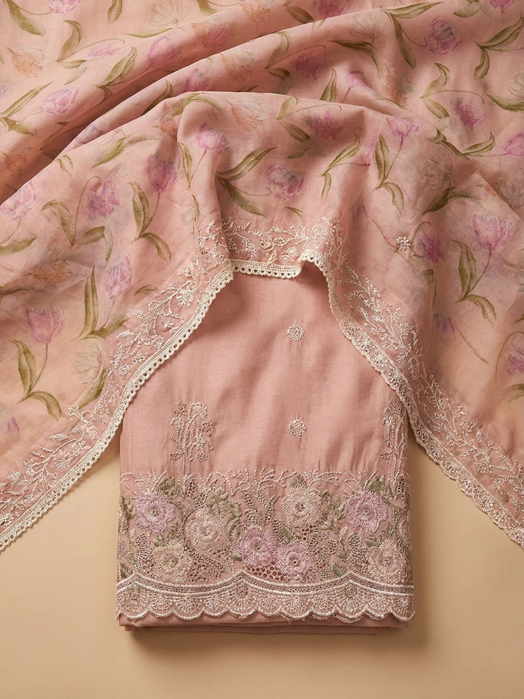 Peach Embroidered Chanderi Unstitched Suit &amp; Pant With Chanderi Dupatta