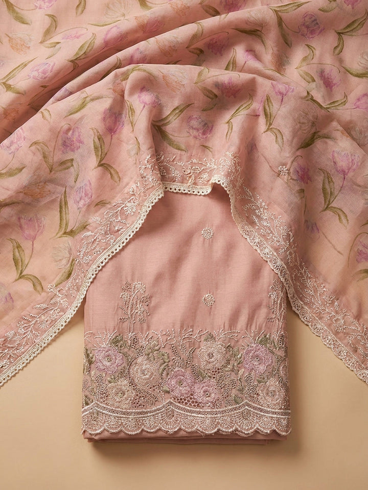 Peach Embroidered Chanderi Unstitched Suit &amp; Pant With Chanderi Dupatta