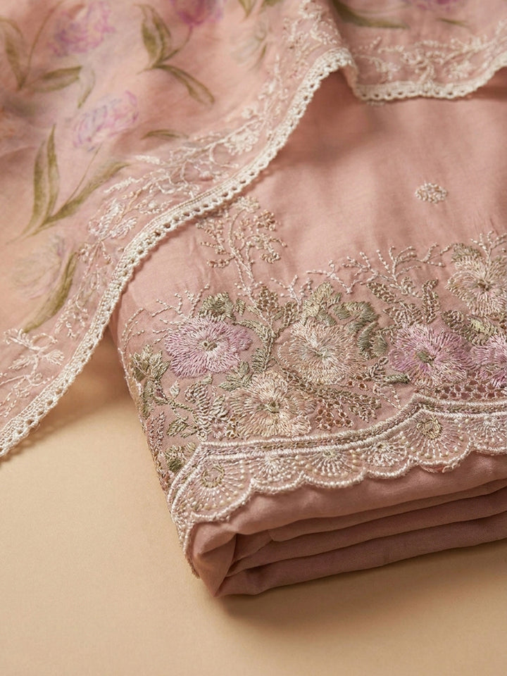 Peach Embroidered Chanderi Unstitched Suit &amp; Pant With Chanderi Dupatta
