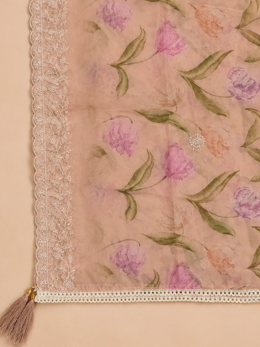Peach Embroidered Chanderi Unstitched Suit &amp; Pant With Chanderi Dupatta