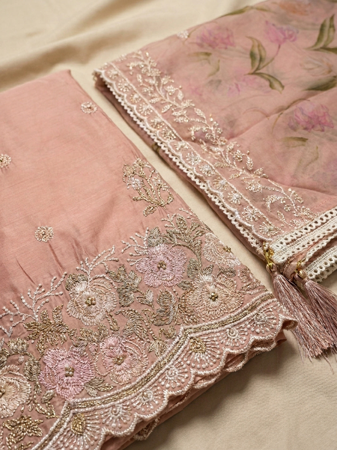 Peach Embroidered Chanderi Unstitched Suit &amp; Pant With Chanderi Dupatta