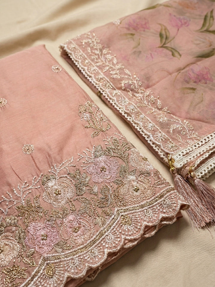 Peach Embroidered Chanderi Unstitched Suit &amp; Pant With Chanderi Dupatta