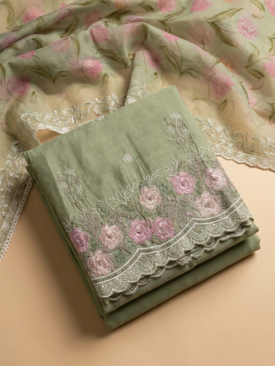 Pista Green Embroidered Chanderi Unstitched Suit &amp; Pant With Chanderi Dupatta