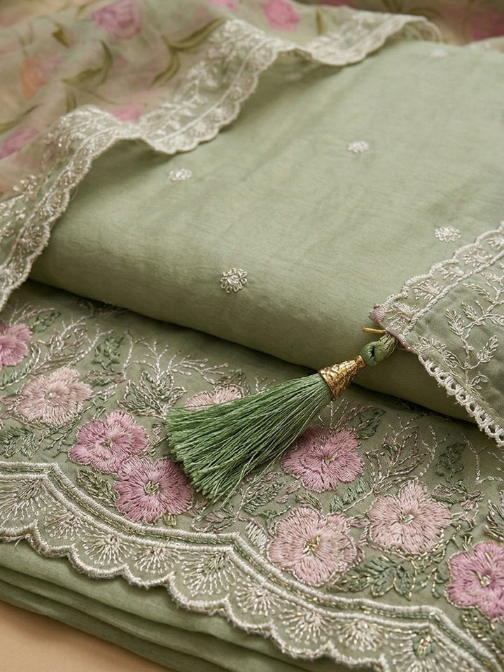 Pista Green Embroidered Chanderi Unstitched Suit &amp; Pant With Chanderi Dupatta