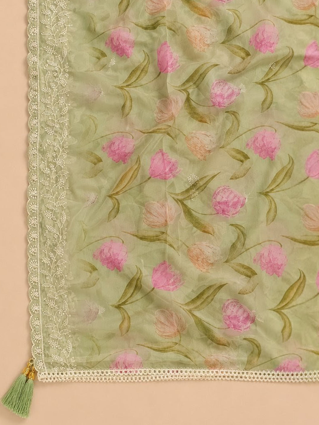 Pista Green Embroidered Chanderi Unstitched Suit &amp; Pant With Chanderi Dupatta