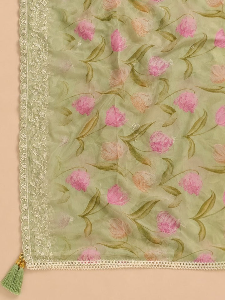 Pista Green Embroidered Chanderi Unstitched Suit &amp; Pant With Chanderi Dupatta
