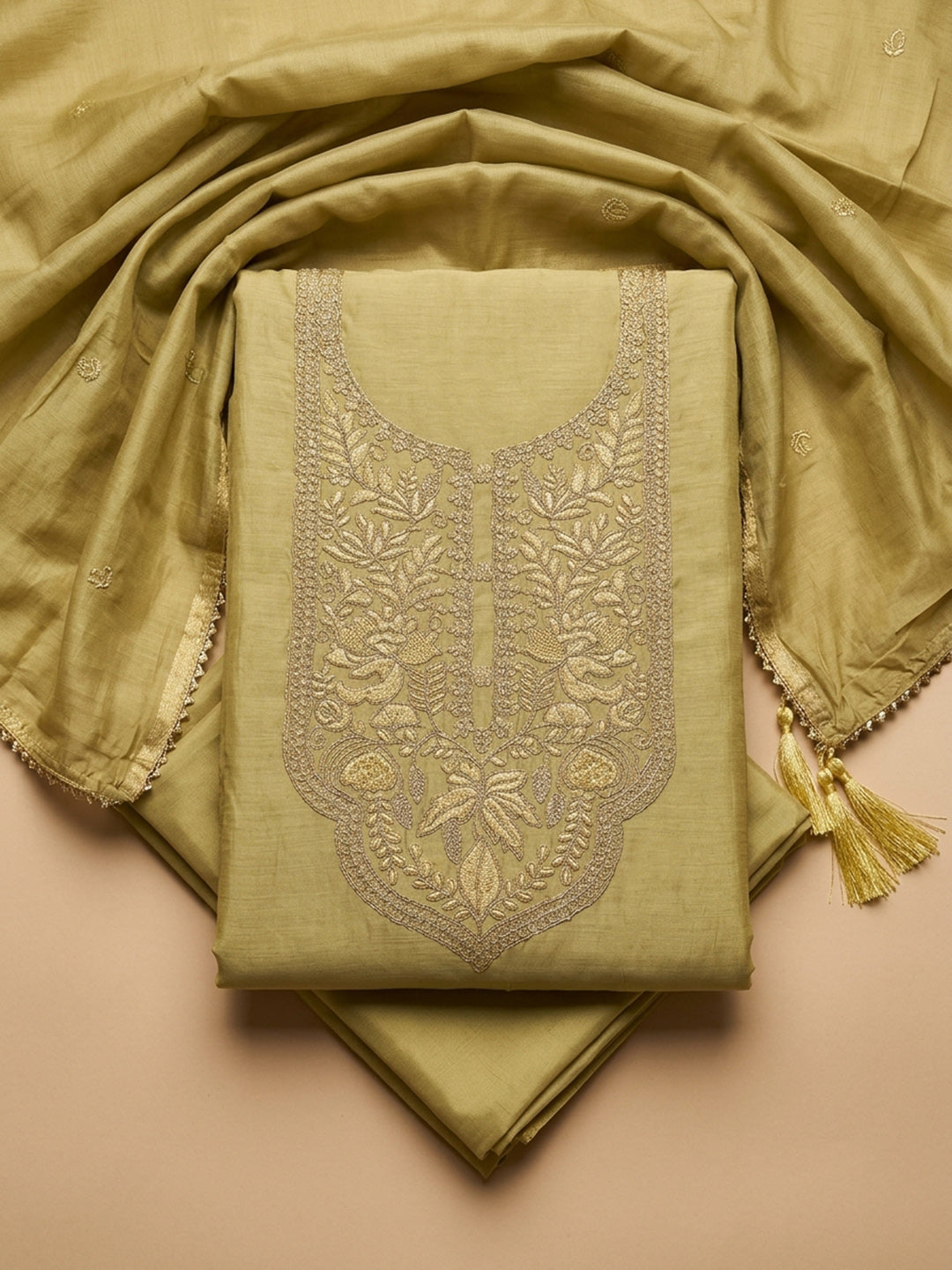 Mehndi Embroidered Chanderi Unstitched Suit &amp; Pant With Chanderi Dupatta