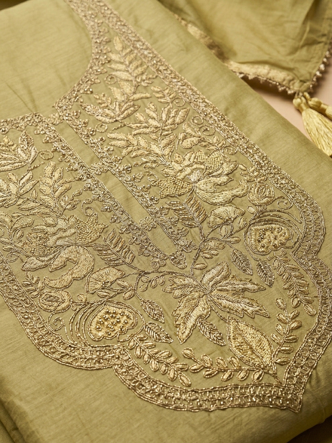 Mehndi Embroidered Chanderi Unstitched Suit &amp; Pant With Chanderi Dupatta
