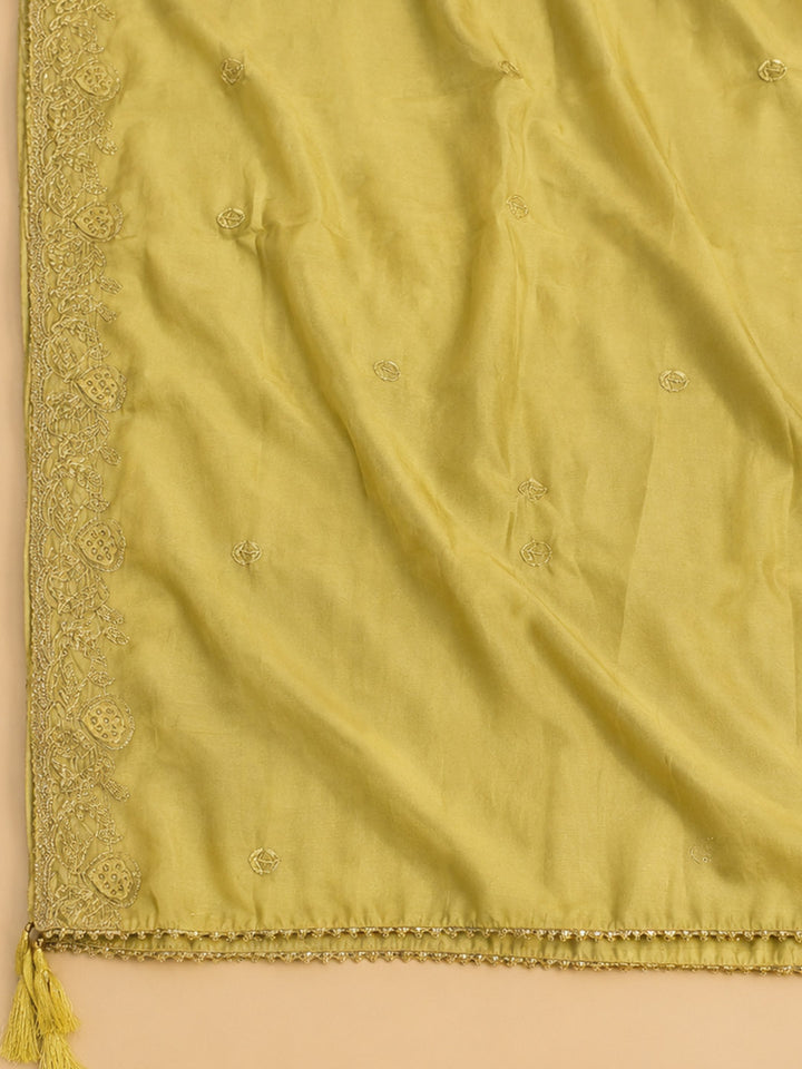 Mehndi Embroidered Chanderi Unstitched Suit &amp; Pant With Chanderi Dupatta