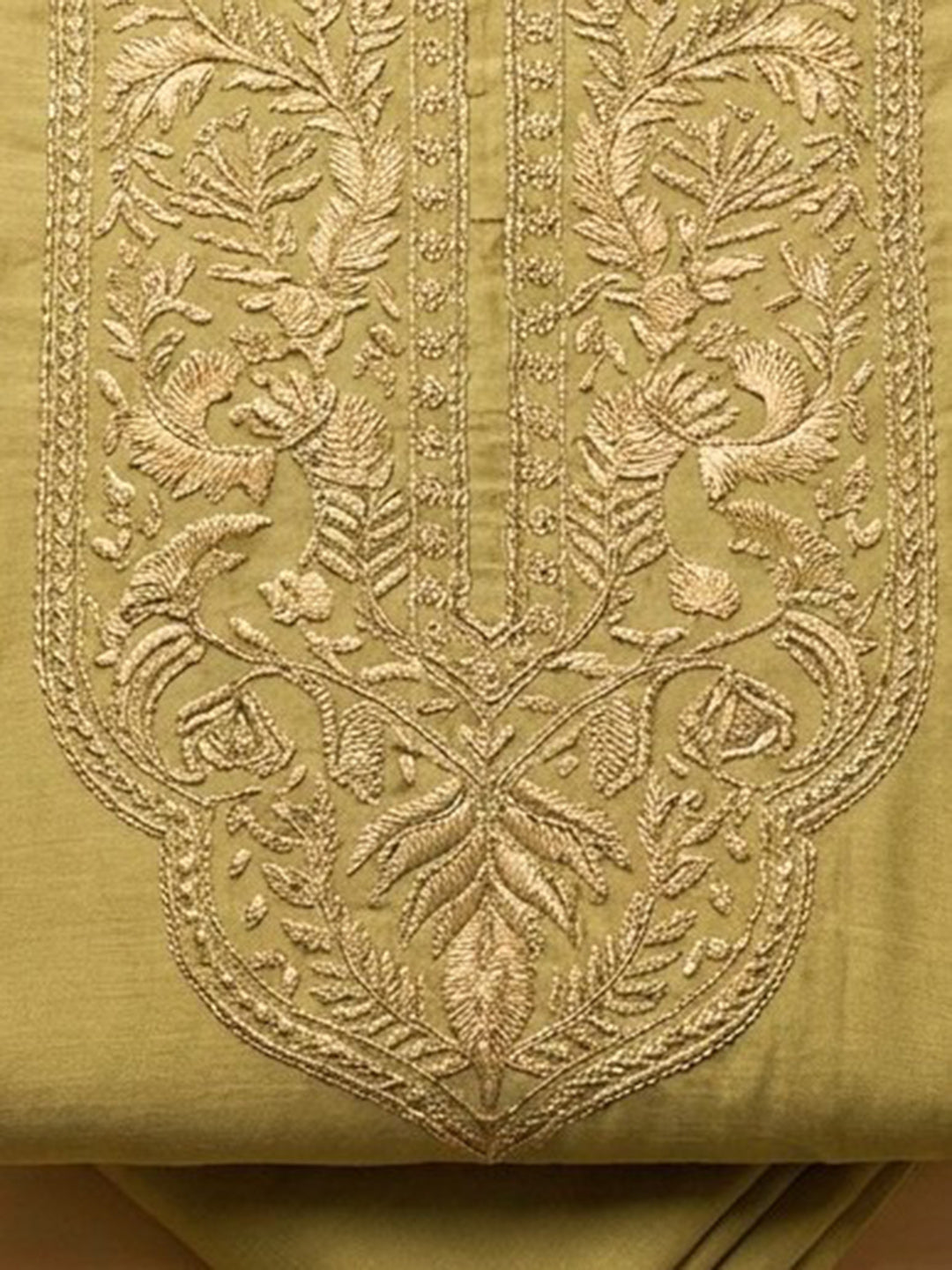 Mehndi Embroidered Chanderi Unstitched Suit &amp; Pant With Chanderi Dupatta