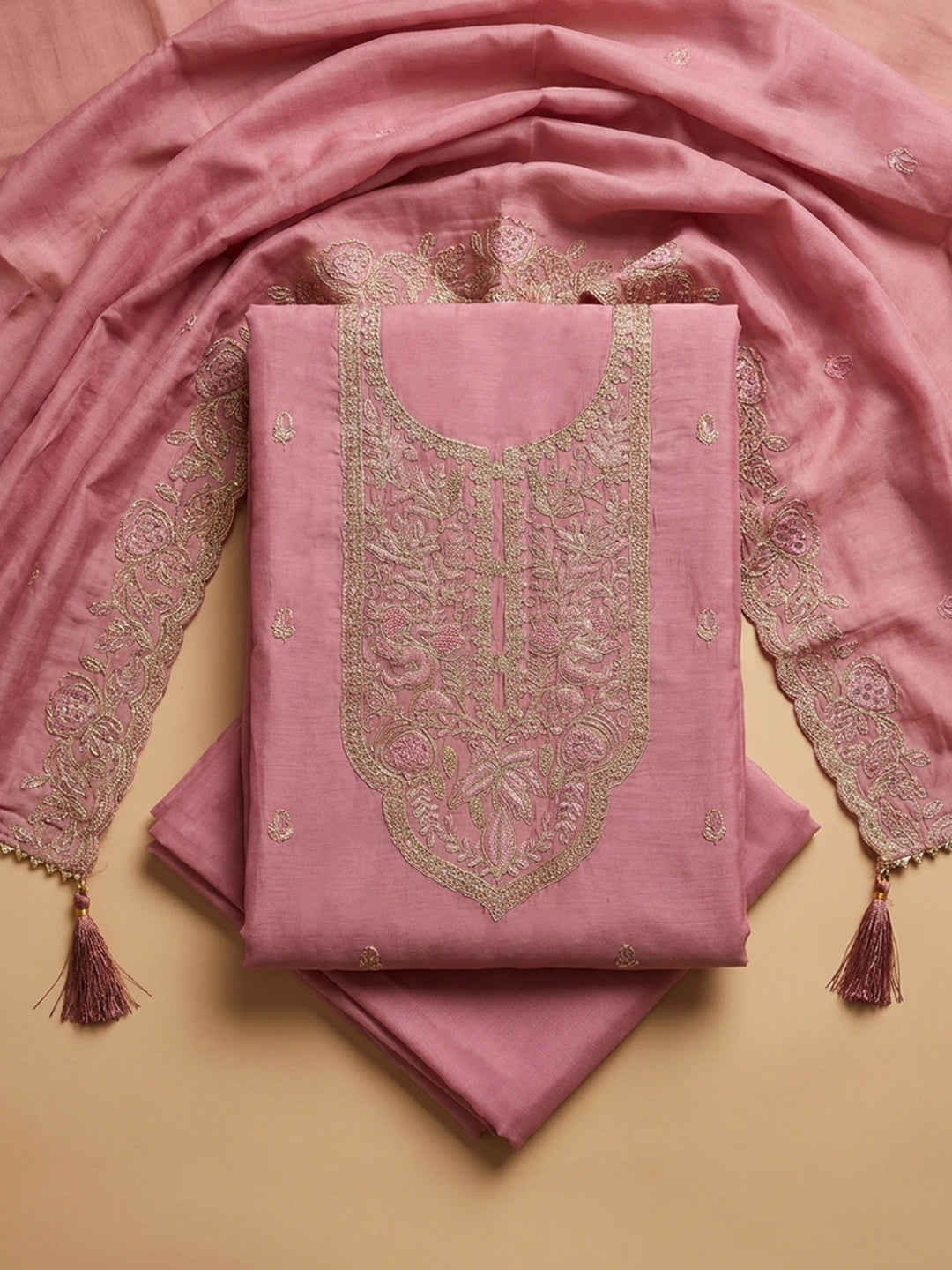 Onion Pink Embroidered Chanderi Unstitched Suit &amp; Pant With Chanderi Dupatta