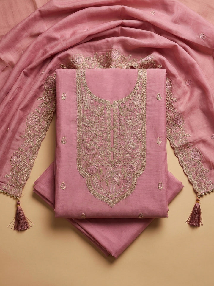 Onion Pink Embroidered Chanderi Unstitched Suit &amp; Pant With Chanderi Dupatta