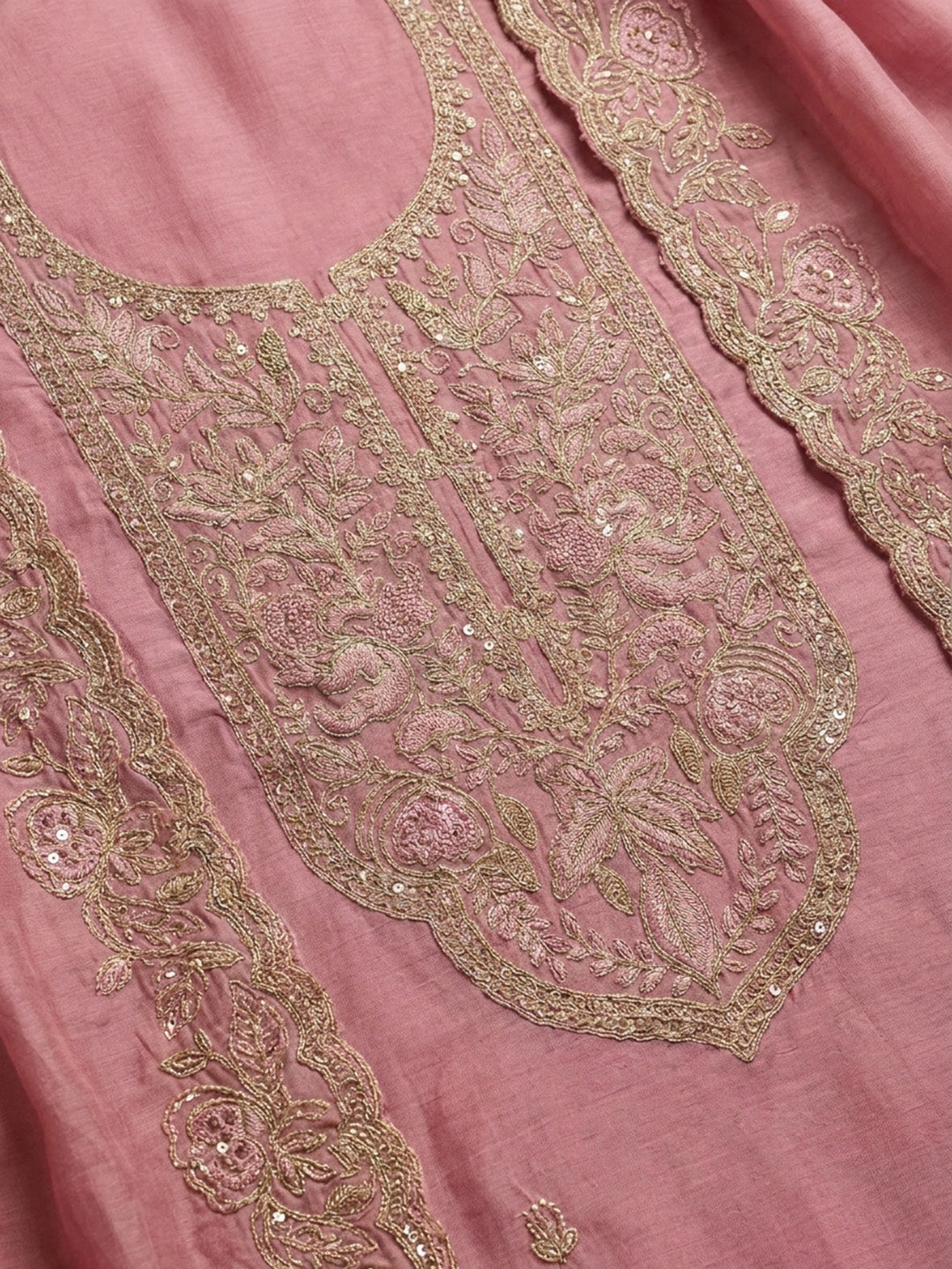 Onion Pink Embroidered Chanderi Unstitched Suit &amp; Pant With Chanderi Dupatta