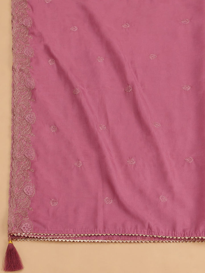 Onion Pink Embroidered Chanderi Unstitched Suit &amp; Pant With Chanderi Dupatta