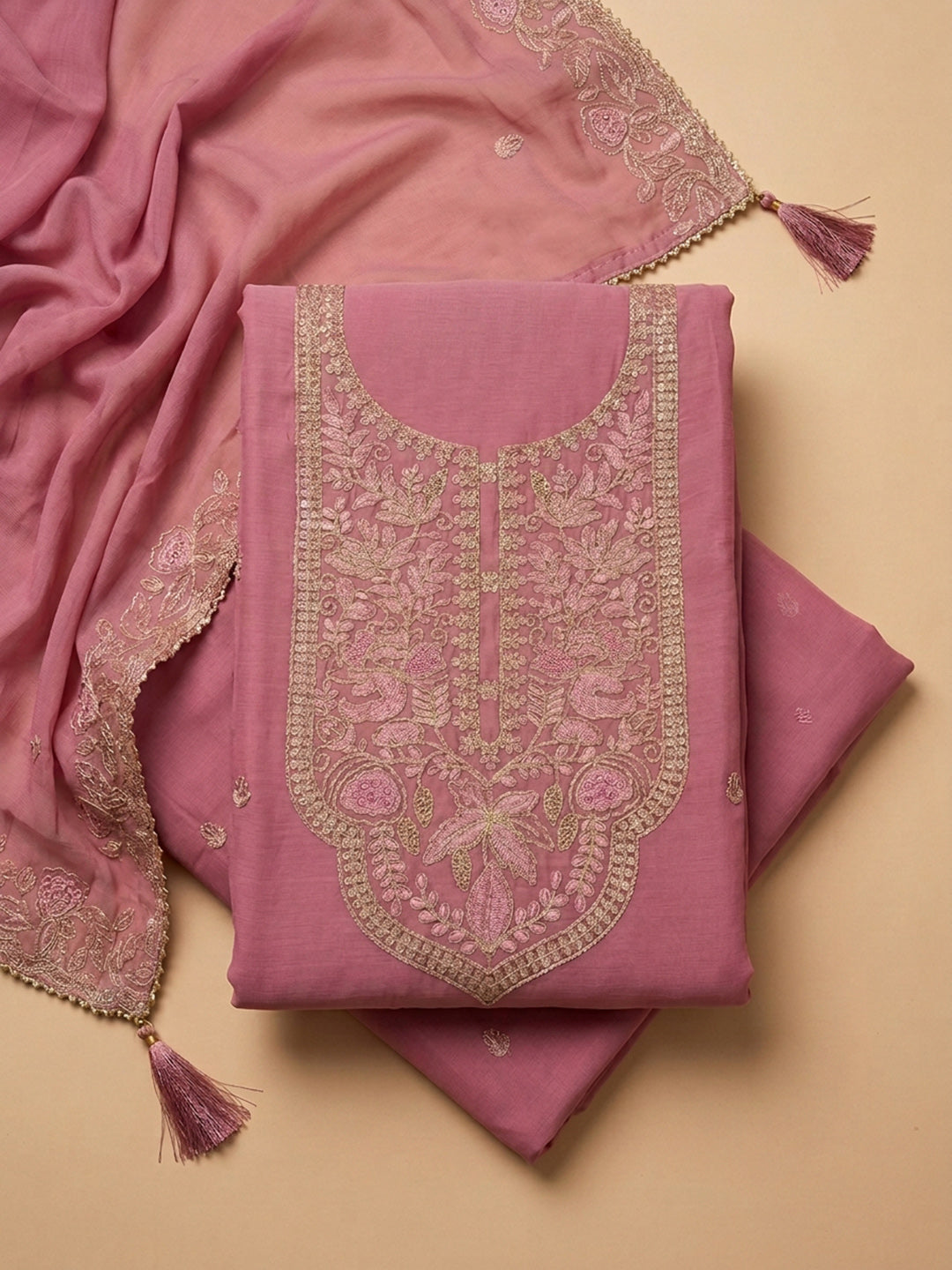 Peach  Chanderi Unstitched Dress Material