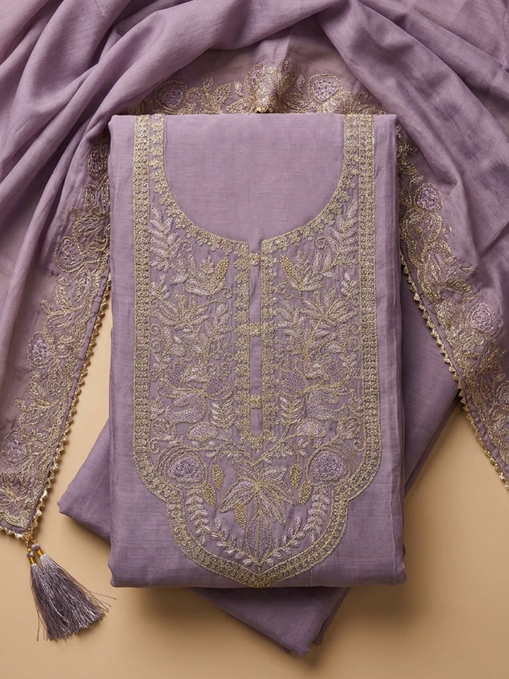 Purple Embroidered Chanderi Unstitched Suit &amp; Pant With Chanderi Dupatta