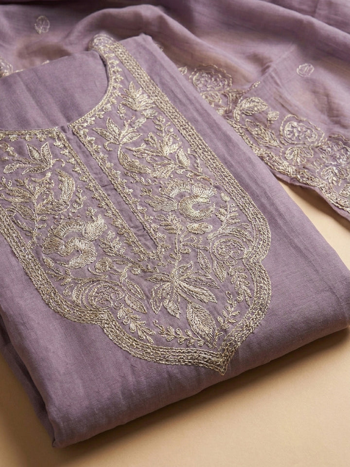 Purple Embroidered Chanderi Unstitched Suit &amp; Pant With Chanderi Dupatta