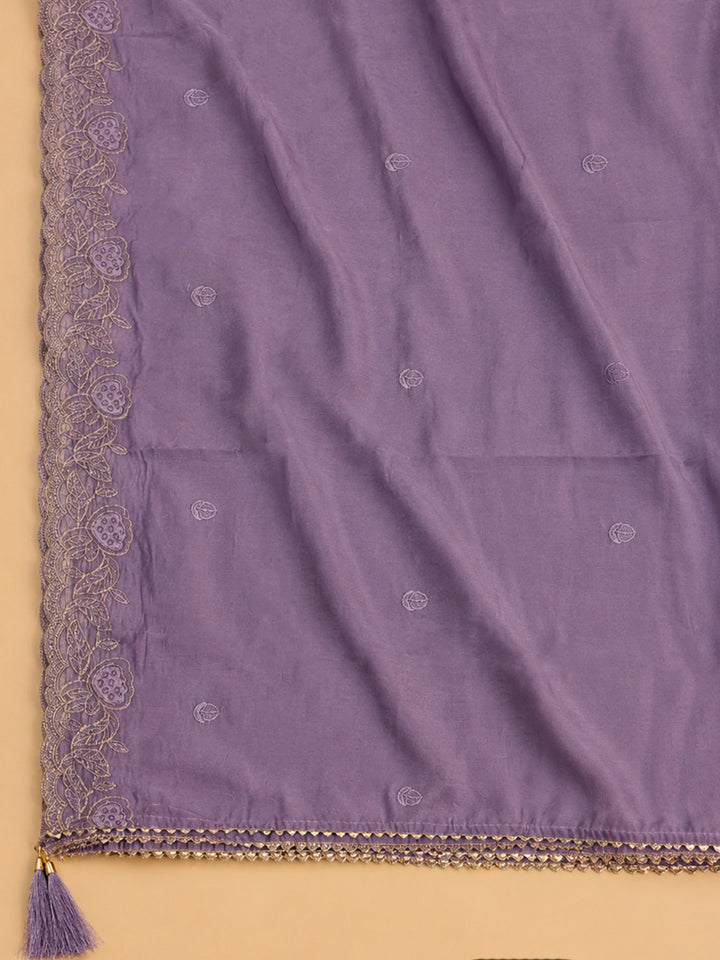 Purple Embroidered Chanderi Unstitched Suit &amp; Pant With Chanderi Dupatta