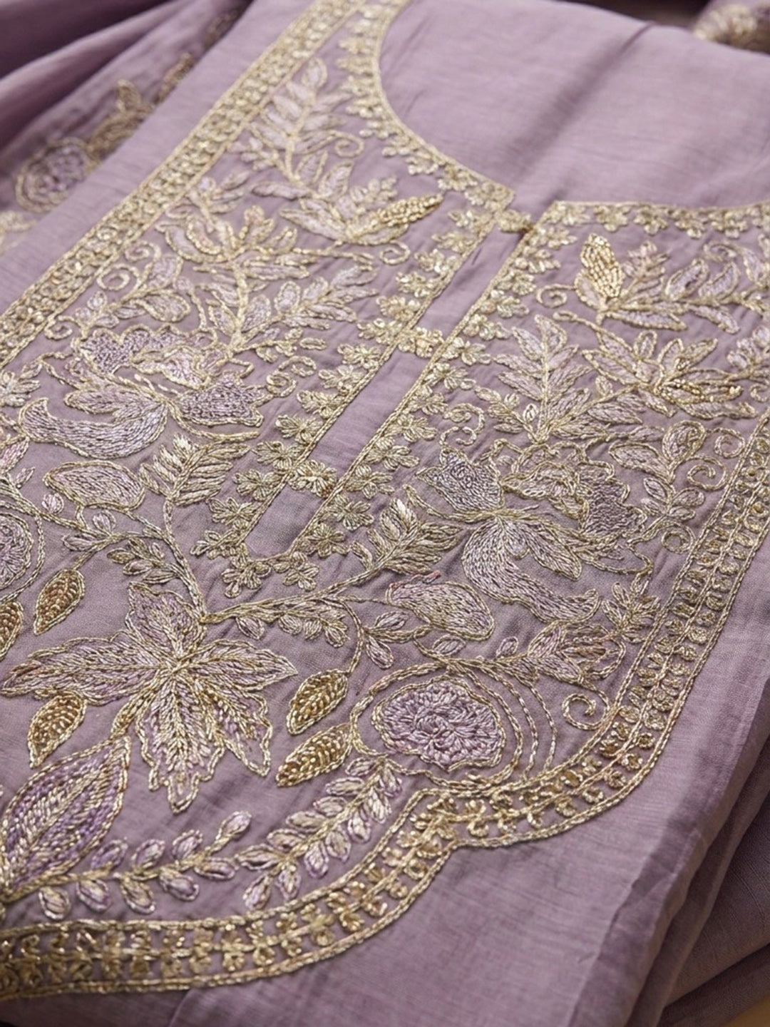 Purple Embroidered Chanderi Unstitched Suit &amp; Pant With Chanderi Dupatta