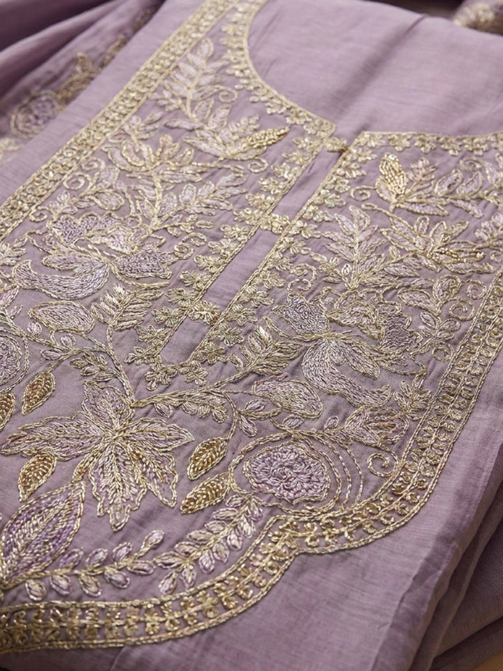 Purple Embroidered Chanderi Unstitched Suit &amp; Pant With Chanderi Dupatta