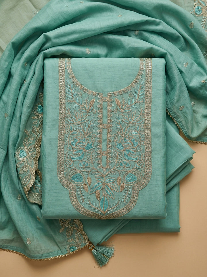Rama Green Embroidered Chanderi Unstitched Suit &amp; Pant With Chanderi Dupatta