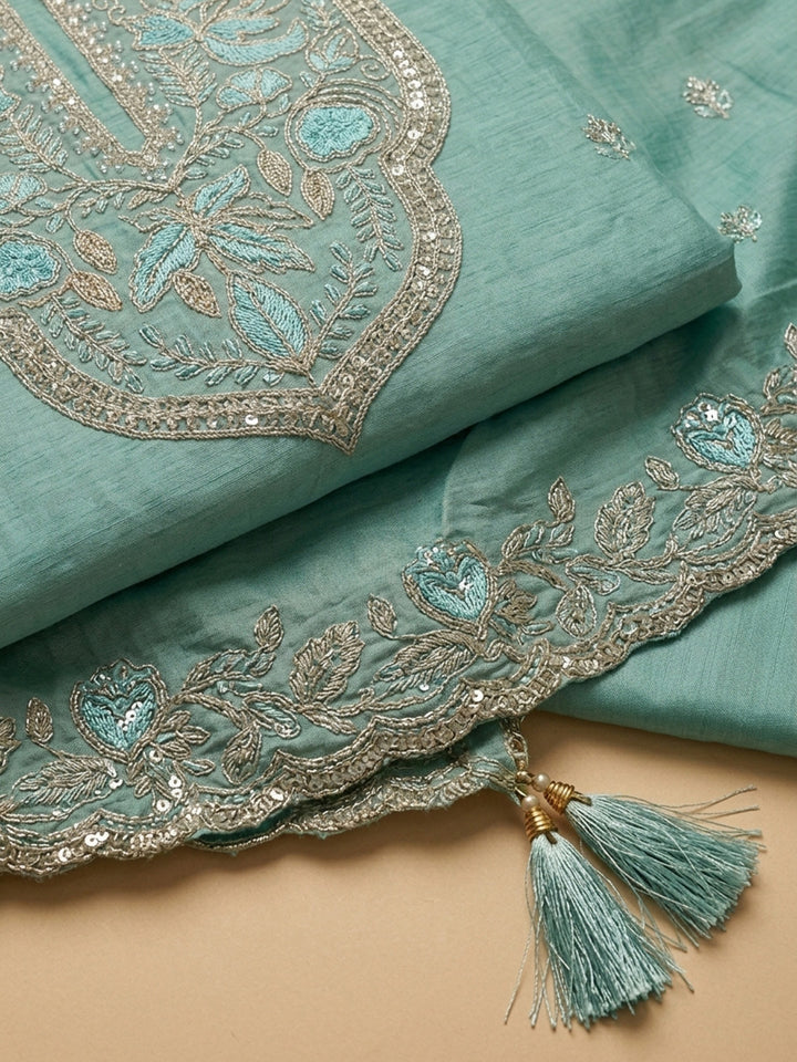 Rama Green Embroidered Chanderi Unstitched Suit &amp; Pant With Chanderi Dupatta