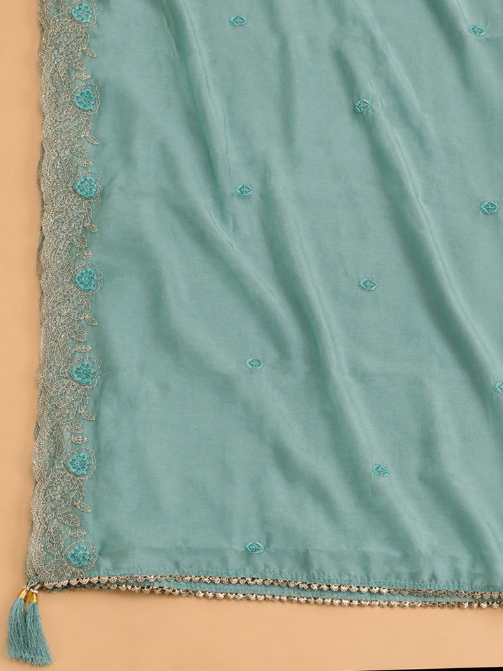 Rama Green Embroidered Chanderi Unstitched Suit &amp; Pant With Chanderi Dupatta
