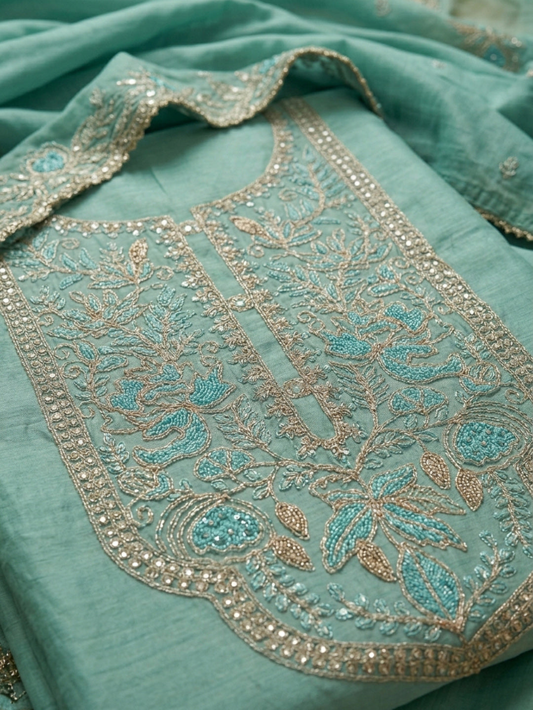 Rama Green Embroidered Chanderi Unstitched Suit &amp; Pant With Chanderi Dupatta