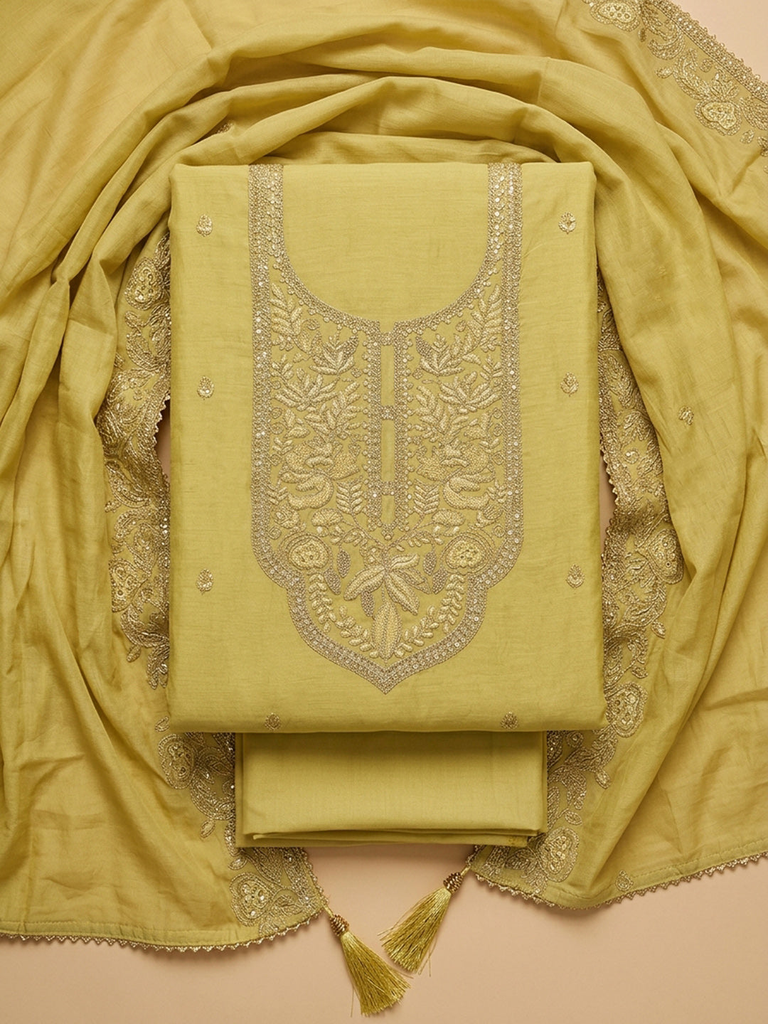 Yellow  Chanderi Unstitched Dress Material