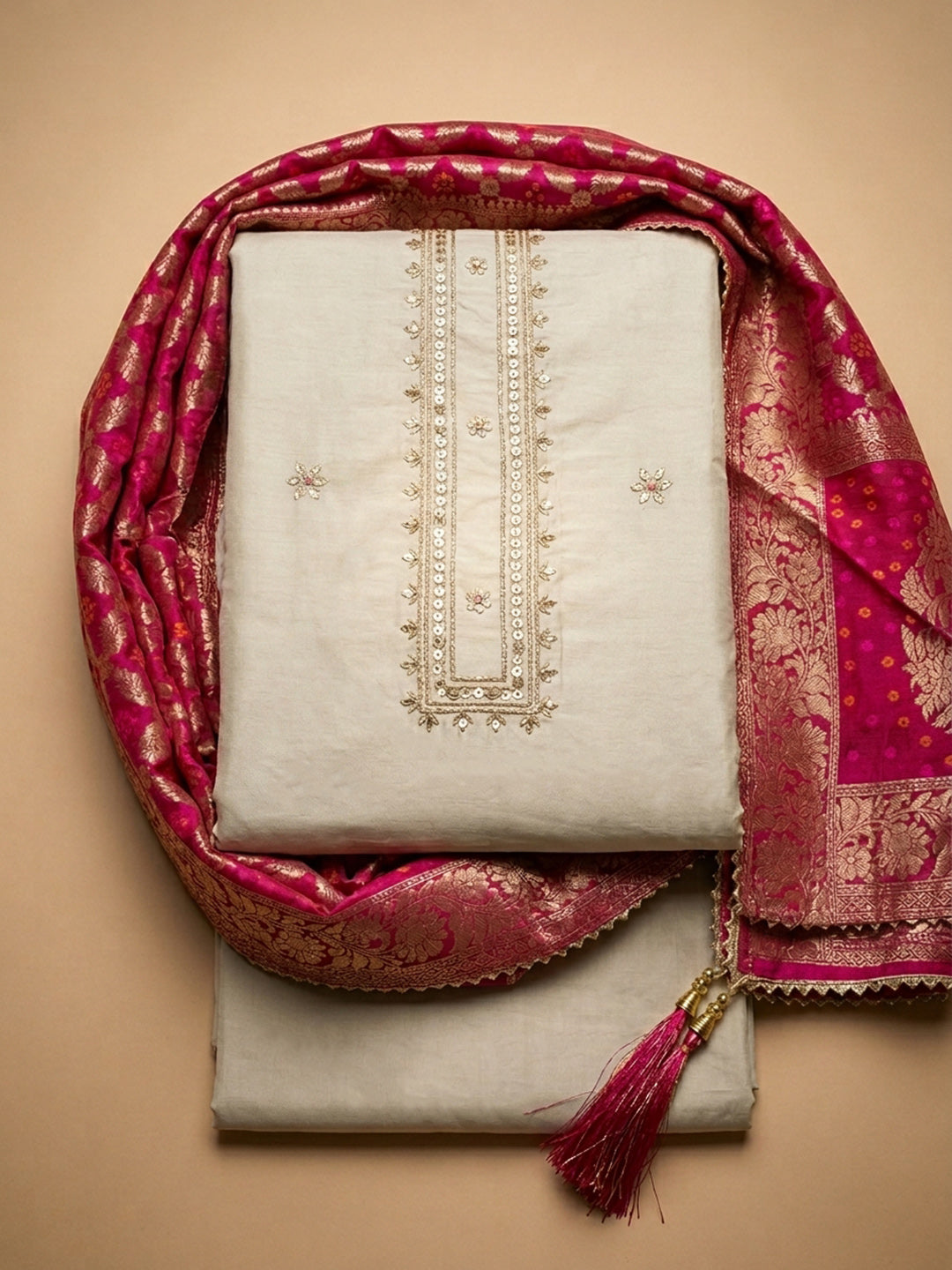 Cream Rani Embroidered Chanderi Unstitched Suit &amp; Pant With Banarsi Dupatta