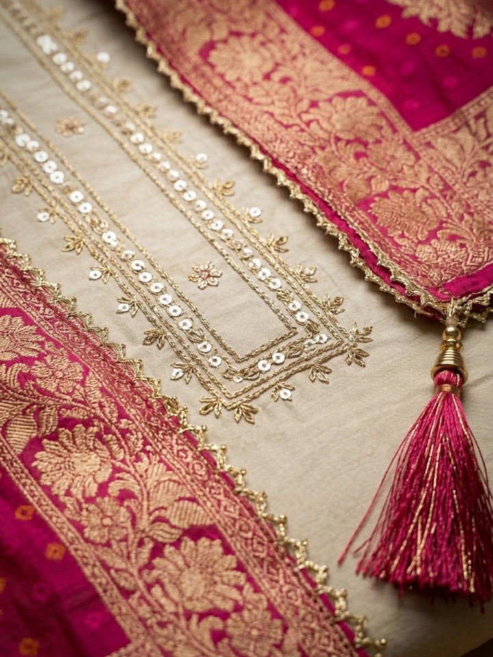 Cream Rani Embroidered Chanderi Unstitched Suit &amp; Pant With Banarsi Dupatta