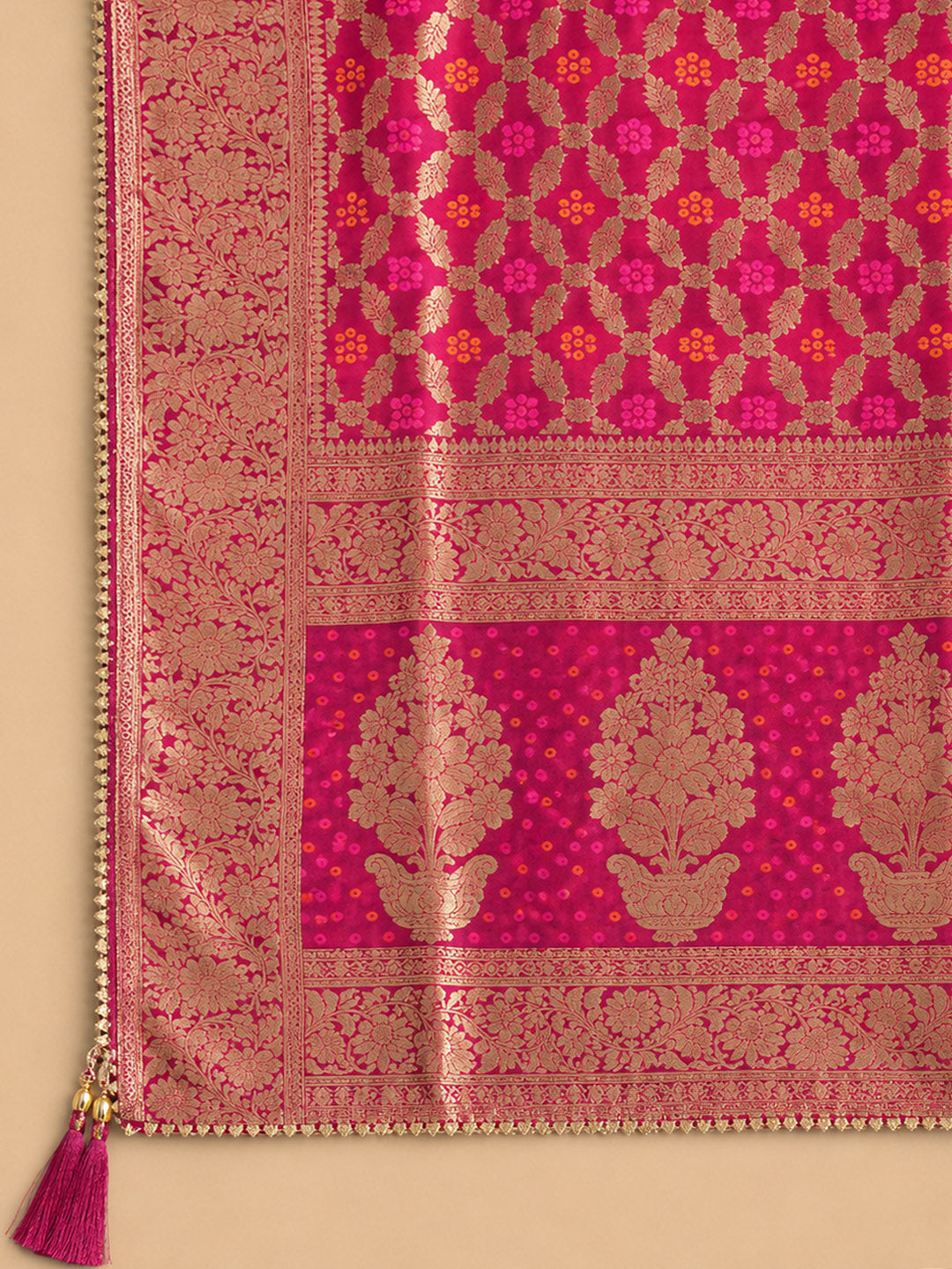 Cream Rani Embroidered Chanderi Unstitched Suit &amp; Pant With Banarsi Dupatta
