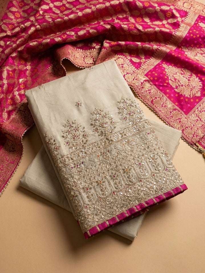 Cream Rani Embroidered Chanderi Unstitched Suit &amp; Pant With Banarsi Dupatta
