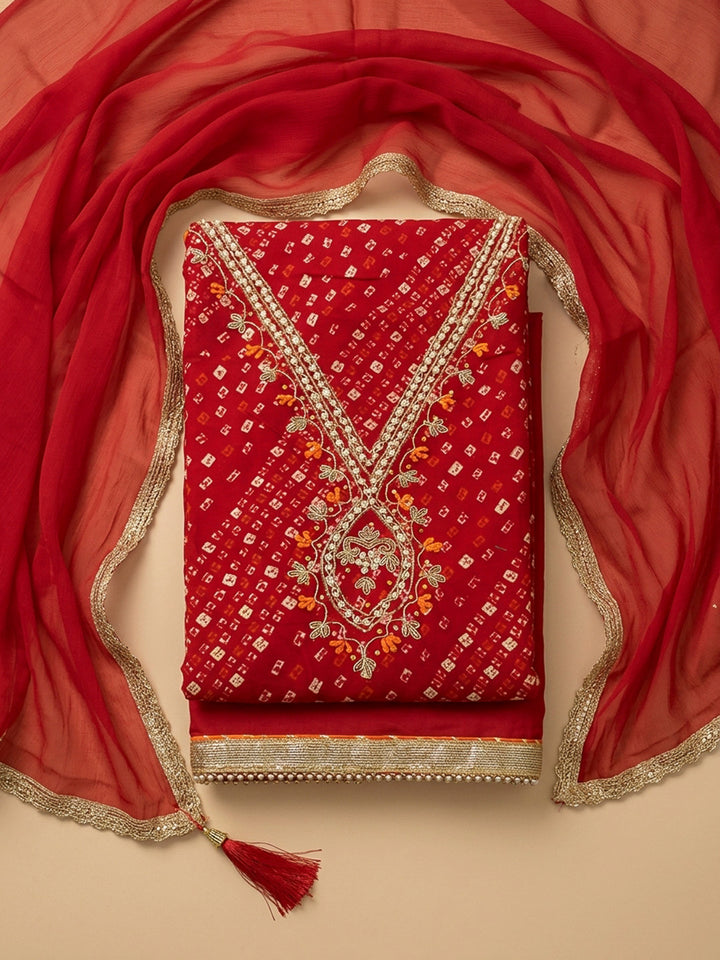 Red Embroidery Cotton Blend Unstitched Dress Material