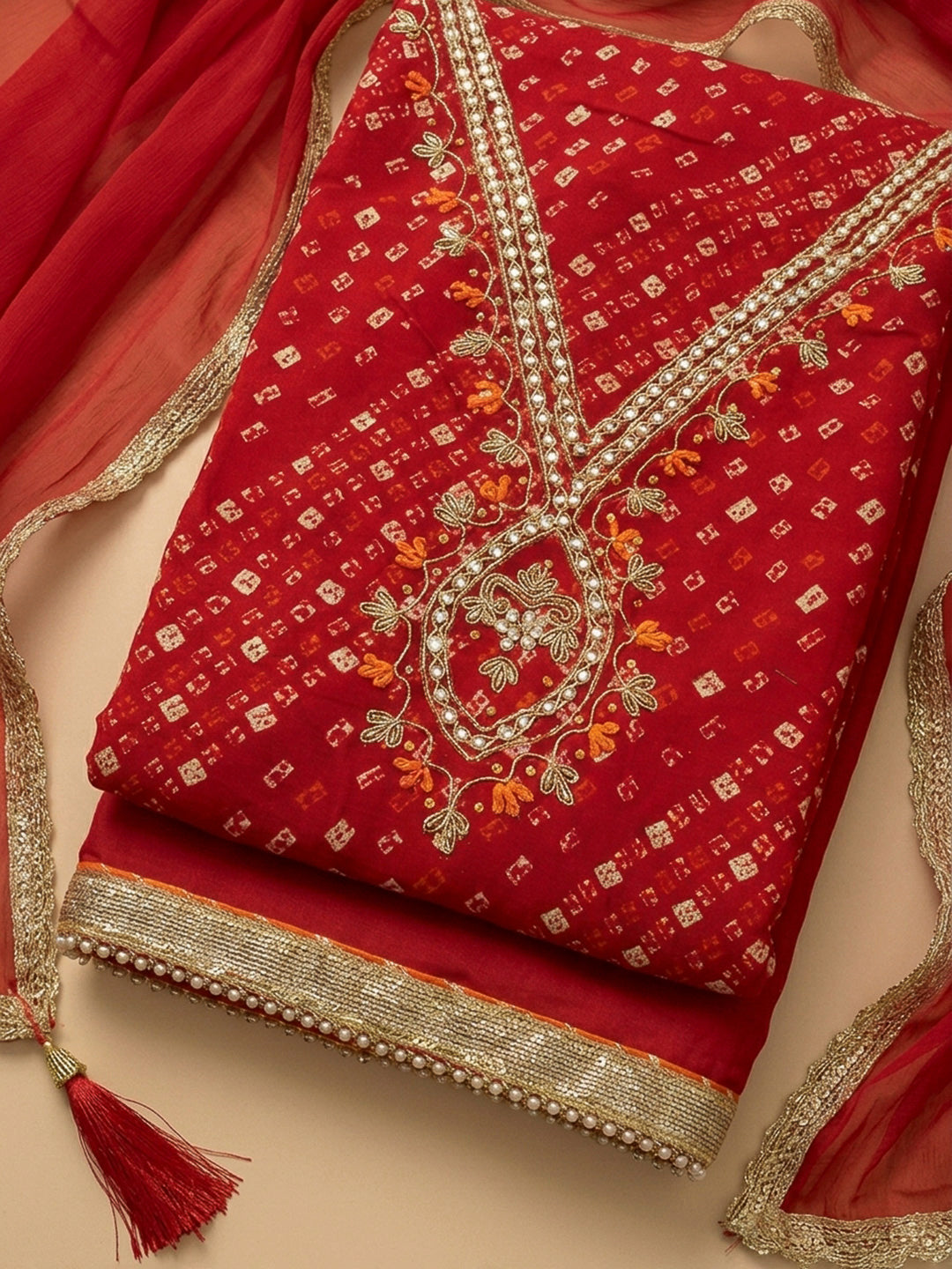 Red Embroidery Cotton Blend Unstitched Dress Material