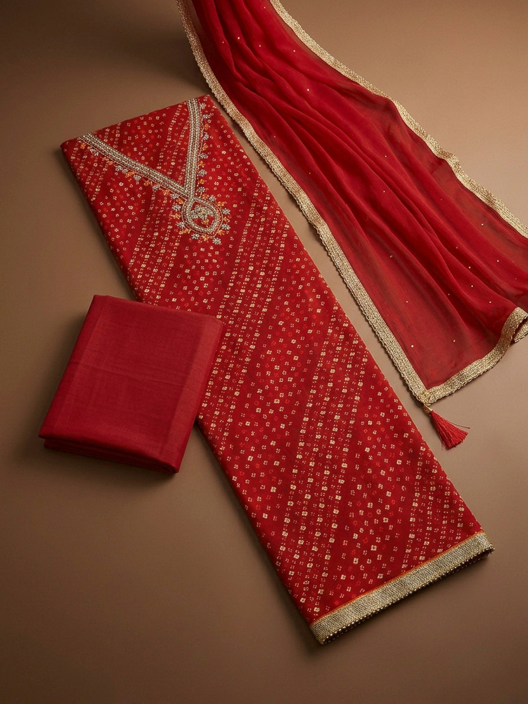 Red Embroidery Cotton Blend Unstitched Dress Material