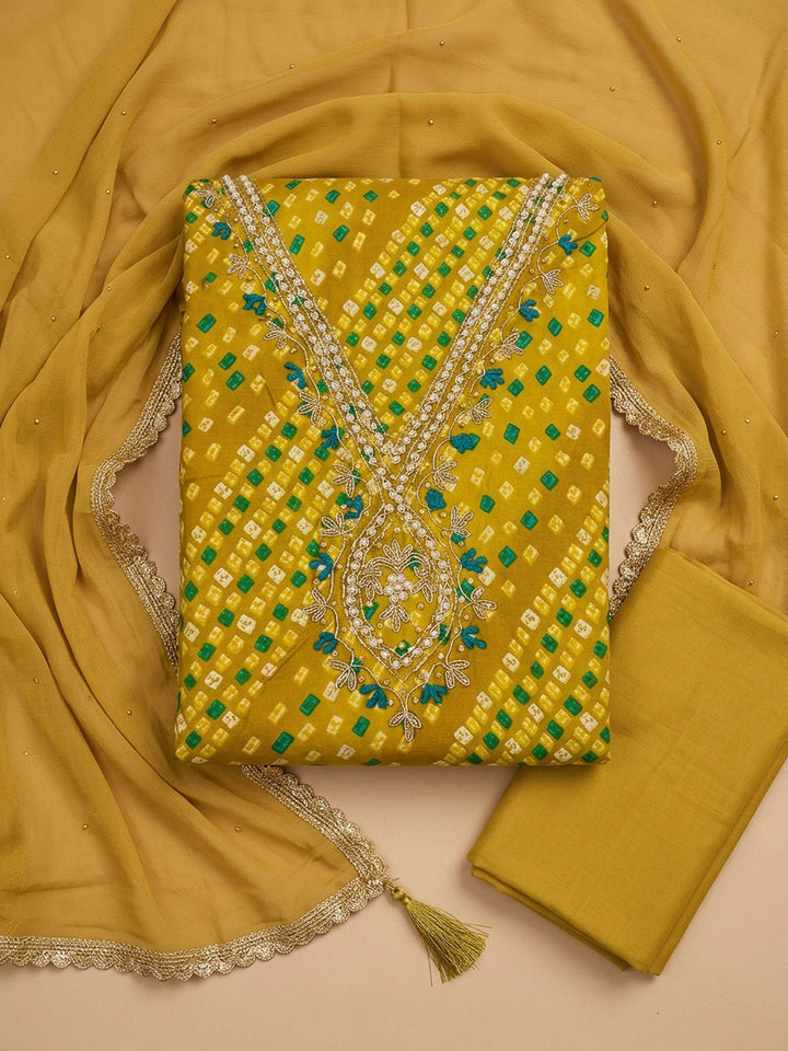 Yellow Embroidery Cotton Blend Unstitched Dress Material