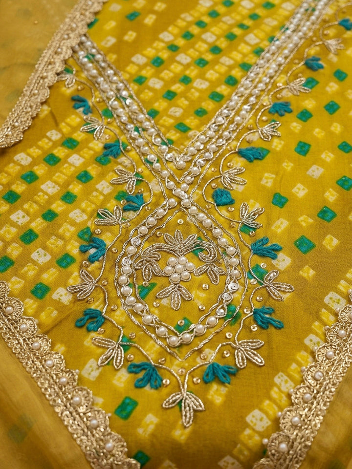 Yellow Embroidery Cotton Blend Unstitched Dress Material
