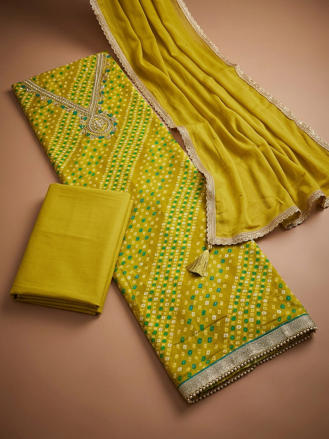 Yellow Embroidery Cotton Blend Unstitched Dress Material