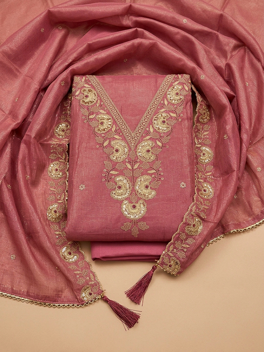 Dull Pink Embroidery Chanderi Unstitched Dress Material