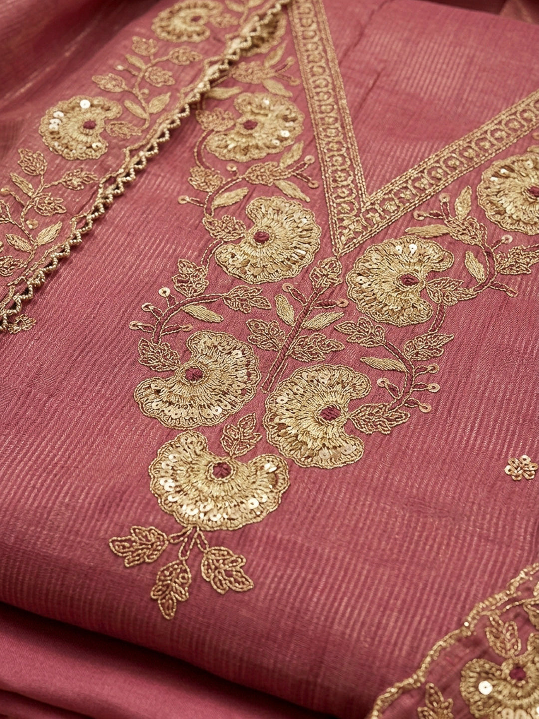 Dull Pink Embroidery Chanderi Unstitched Dress Material