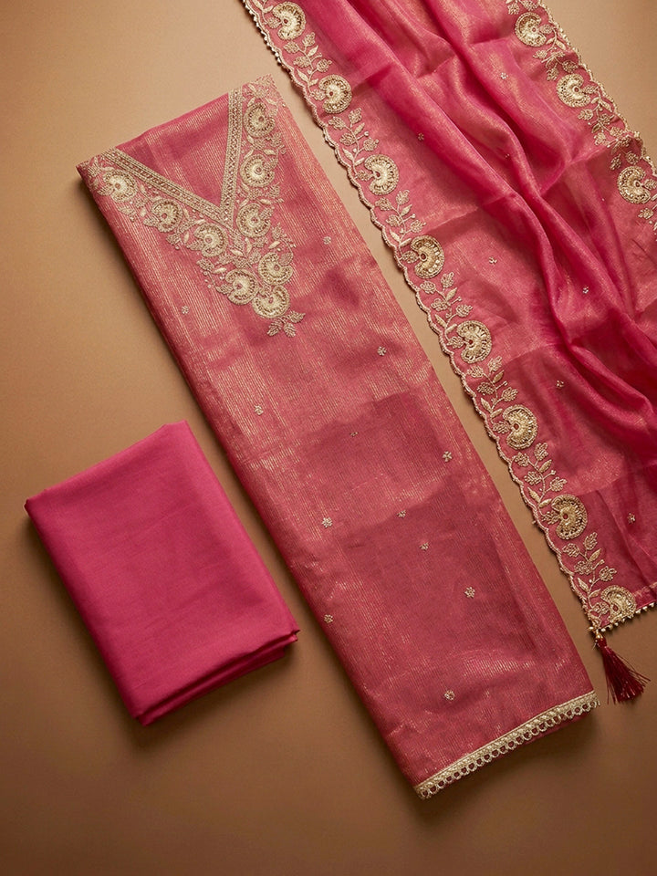 Dull Pink Embroidery Chanderi Unstitched Dress Material