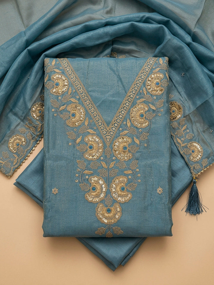 Grey Blue Embroidery Chanderi Unstitched Dress Material