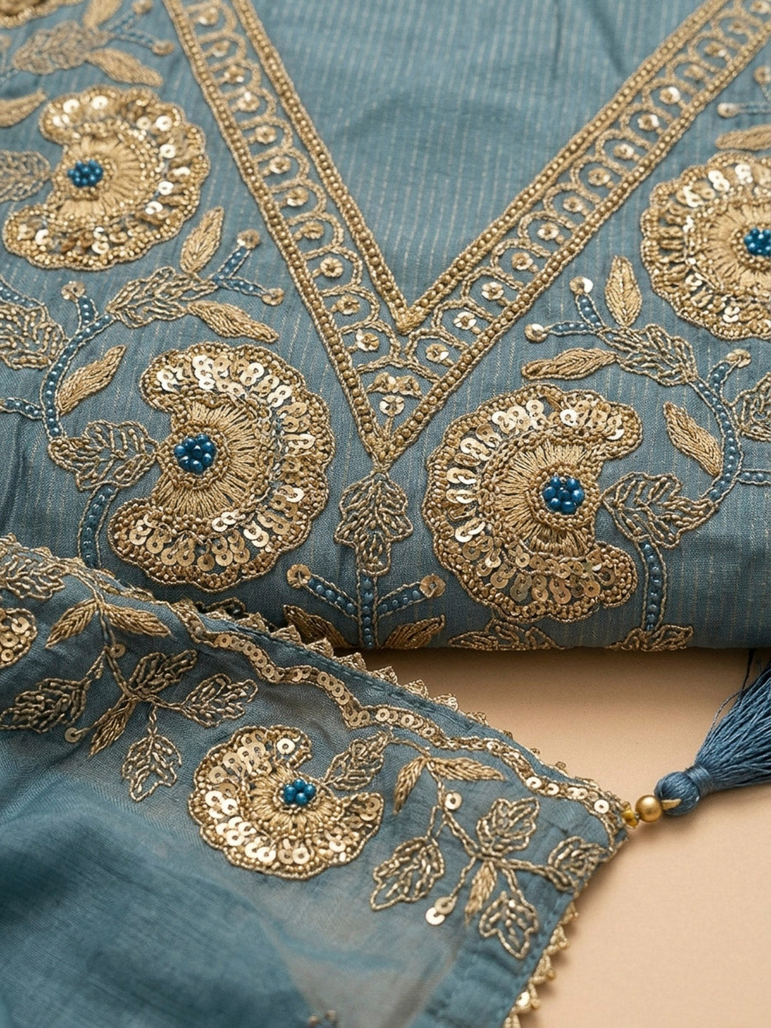 Grey Blue Embroidery Chanderi Unstitched Dress Material