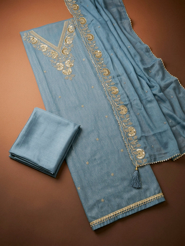 Grey Blue Embroidery Chanderi Unstitched Dress Material