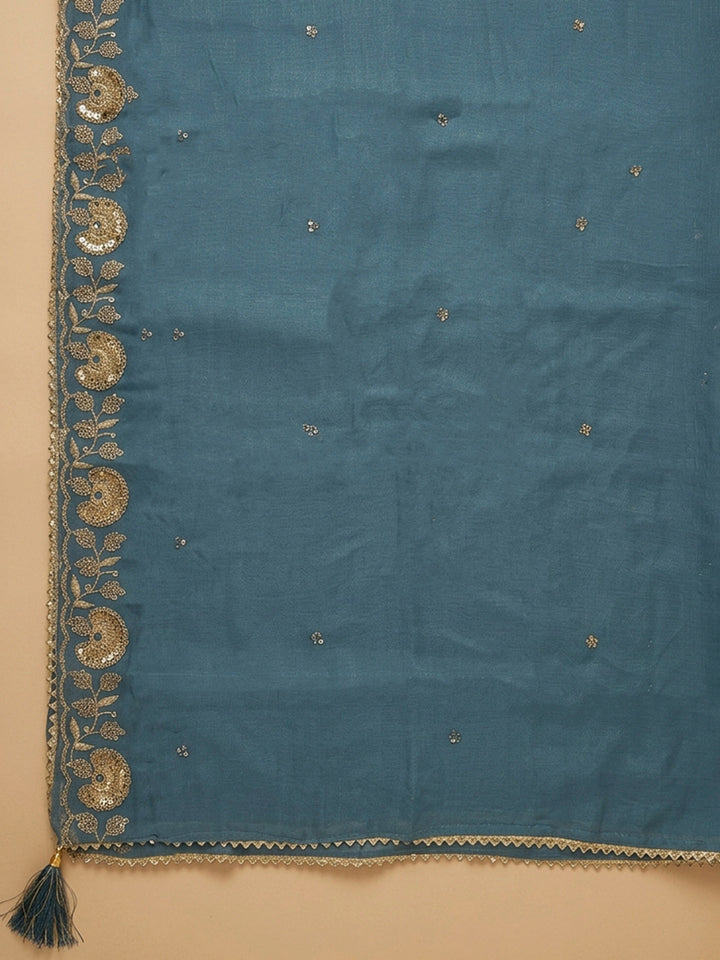 Grey Blue Embroidery Chanderi Unstitched Dress Material